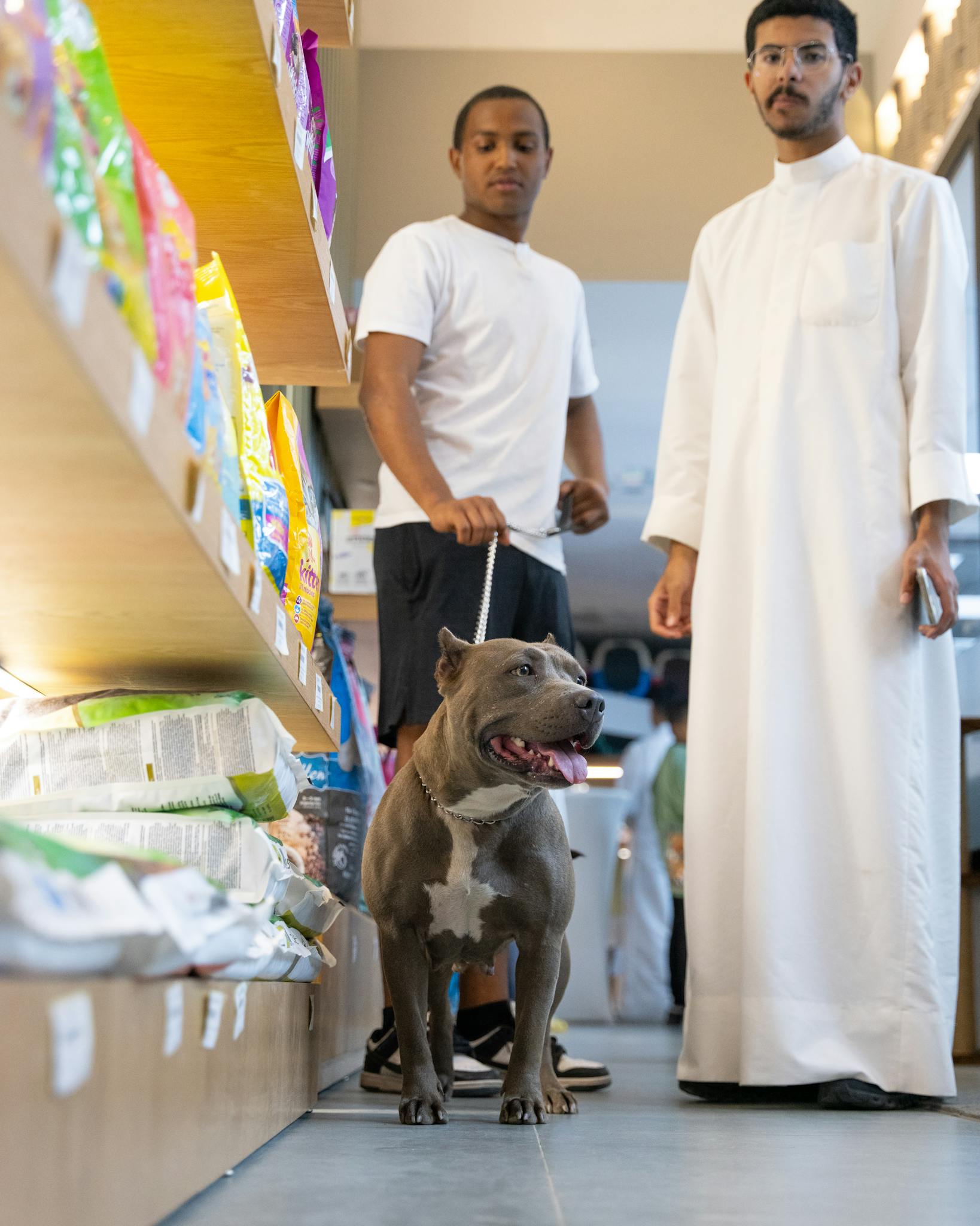Two men with a pit bull in a pet store aisle exploring dog food options.